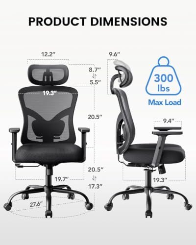 Ergonomischer Bürostuhl mit gepolsterter Lendenwirbelstütze, 2D-Kopfstütze, verstellbaren Armlehnen, verbessertem Sitzkissen, 130° Neigung, Computerstuhl für das Büro zu Hause