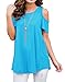 PrinStory Women's Blouse Tunic Tops Short Sleeve Cold Off Shoulder Round Neck Casual Loose Shirts Nile Blue-US Large