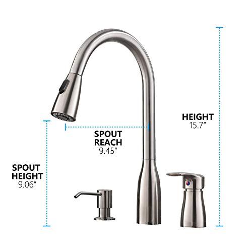 Hotis 3 Hole Pull Out Prep Sprayer Stainless Steel Single Handle Pull Down Kitchen Faucet, Brushed Nickel Kitchen Sink Faucet with Soap Dispenser