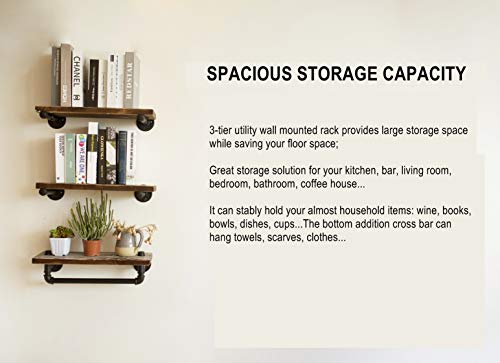 DOFURNILIM 3-Tier Industrial Retro Wall Mounted Iron Water Pipe Shelf/Bookcase/Shelving - Floating Shelf - Hung Bracket - DIY Storage Bookshelf - Height Adjustable Shelf - Wood Shelf