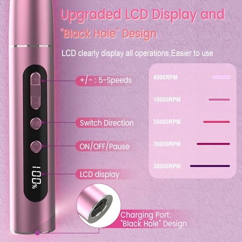 SnnyNyx Cordless Electric Nail Drill 35000 RPM, Professional Portable Nail File for Acrylic Nails & Gel Polish Removal, Low Vibration & Heat E-file with 11 Drill Bits, Salon-Quality Manicure Pedicure Kit (Rose Pink）