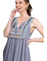 Umgee - Vestido bohemio con borlas multicolor, sin mangas, cuello dividido, bordado floral