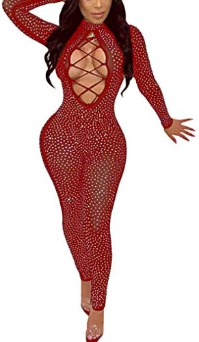 Fadvanes Women Shiny Rhinestone Mesh Hollow Out Jumpsuits See Through Long Sleeve One Piece Rompers Clubwear