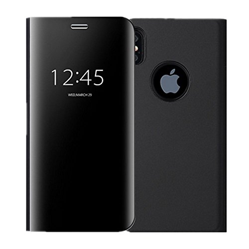 Case for iPhone X/XS Translucent Mirror Screen Cover Flip Stand Hard Plating Shell for iPhone Xs Max/XR (Black, iPhone Xs Max)