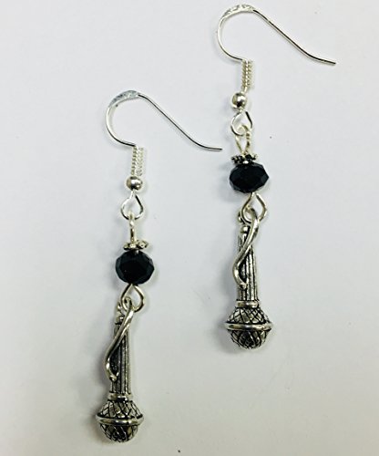 Microphone, Singer or Musician Earrings with jet crystal faceted accent beads, on sterling silver earwires