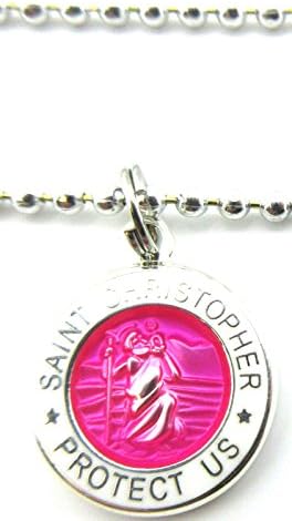 Mini Saint Christopher Surf Medal Pendant Necklace,Pomegranate/White PG/WH