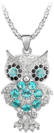 White Gold Plated Large Owl with Sea Blue Swarovski Elements Crystal 24" Long Chain Pendant Necklace Fashion Jewelry for Girls