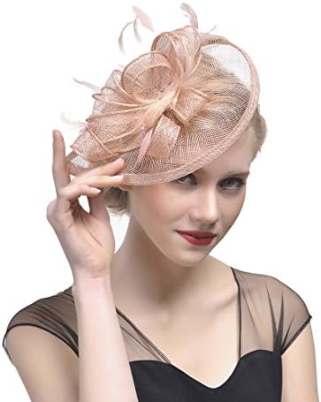 Gerilea Sinamay Fascinator with Flowers Party Pink Feather Headpiece for Brides
