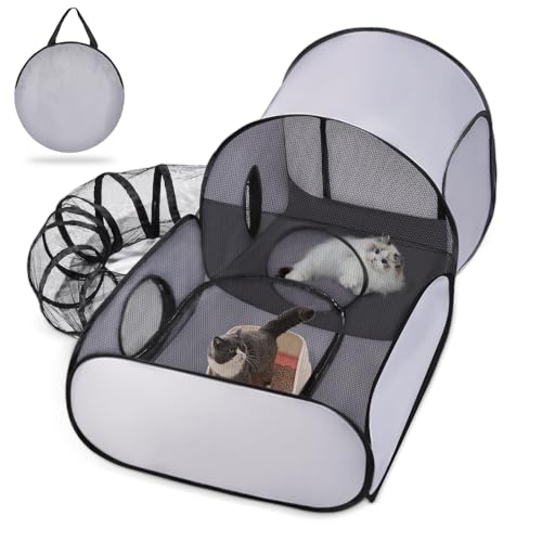 Pet Playpen with Breathable Soft Mesh Sides and Surround Tunnel, Indoor & Outdoor Cat and Small Animal Enclosure Tent, Lightweight Easy-Setup Pet Fence with Carry Bag (Medium)