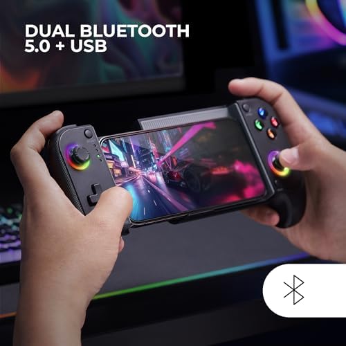 MGPX, Gamepad Bluetooth 5.0 2en1, RGB Neon, Vibración Dual y Función Turbo, Soporte Smartphone Hasta 6.8", Mando Multifunción Compatible PC, Android, iOS y Consolas, USB-C y Funda, Negro