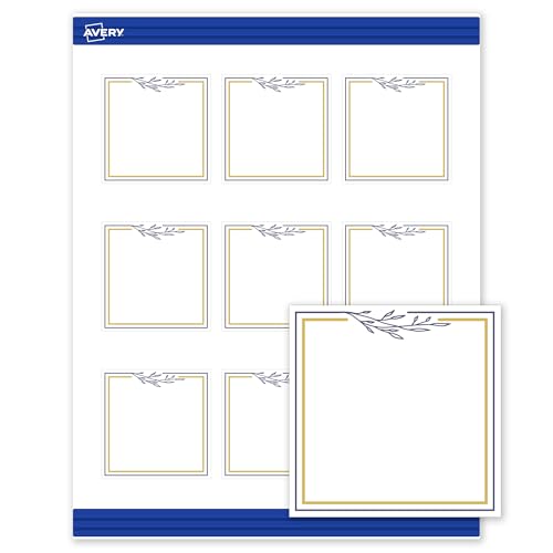 Avery Printable Square Cards, Gold & Navy Border, Florals, 2.5" x 2.5", Matte W…