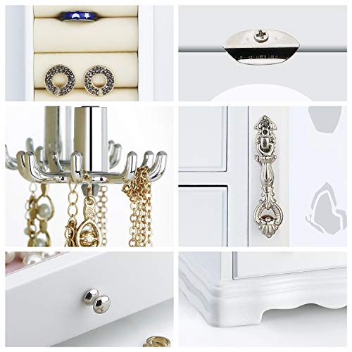 RR ROUND RICH DESIGN Jewelry Box - Made of Solid Wood with 4 Drawers Organizer and Built-in Necklace Carousel and Large Mirror White