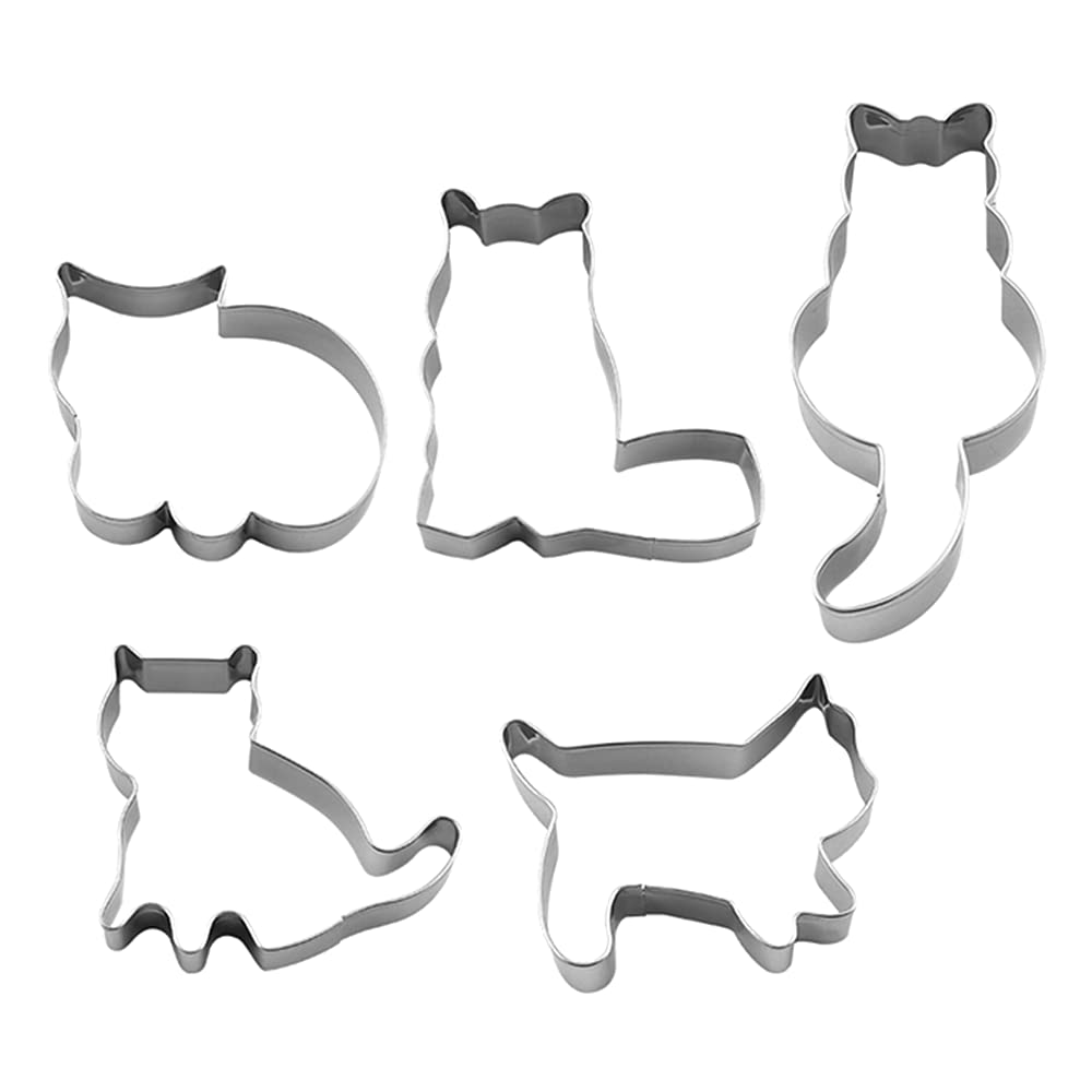 5 PCS Cute Cat Shaped Cookie Cutter Set Stainless Steel Cat Cookie Cutter Cats Shaped Cookie Molds for DIY Baking Cake Fondant Sugarcraft Biscuits Decoration