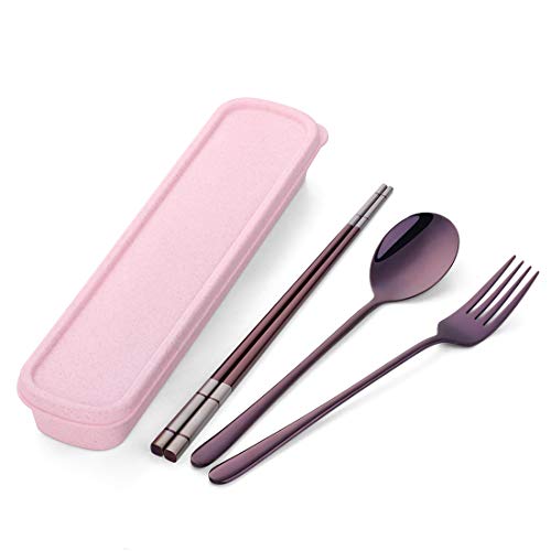 Do Buy Stainless Steel Fork Spoon Chopsticks with a Durable Case for Home Outdoor Camping Traveling Hiking, Purple - Thumbnail 3