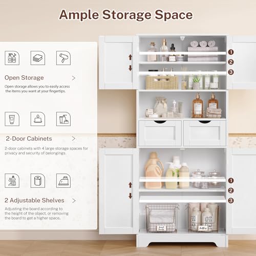 TEENFON 57.8" H Tall Bathroom Cabinet, Storage Cabinet with Adjustable Shelf & 2 Drawers, Bathroom Storage Cabinet with 4 Doors for Living Room, Dining Room, White