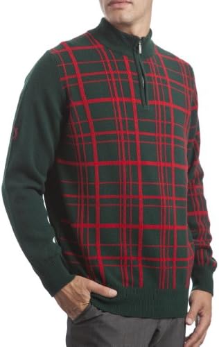 Glenmuir Scotland Men's 100% Lambswool Grid Zip Through Classic Fit Sweater. Made in Scotland-Tartan Green-XX-Large