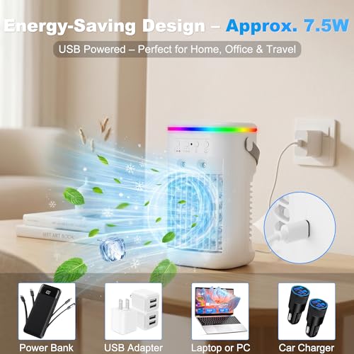 Mini Quiet Portable Air Conditioner, Air Cooler with Remote Control, 3 Speeds and 2 Misting Modes, 1-4H Timer, 7 LED Lights, Cold Air Fan for Bedroom Office