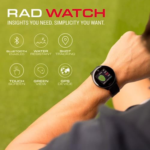 Rad Watch Golf GPS Watch Touchscreen, 42,000+ Courses, Pin Positioning, FCB Hazard Distances, Shot Tracker, Score Tracker, Green View, IPX7 Waterproof, Long Battery, Enhanced Charging & UI