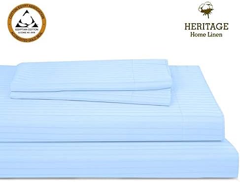 Heritage Home Linen Bed Queen Sheet Set Egyptian Cotton Blend 800 Thread Count Pinstripes Sateen Weave Deep Pockets Upto 18” fit Fade & Stain Resistant 4 Piece (Queen,Light Blue)