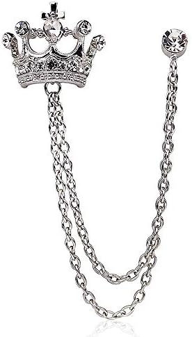 British Style Rhinestone Crown Chain Brooch. Retro Crystal Corsage Pin, Tassel Chain Suit Jacket Brooch Pin for Men Husband Gifts
