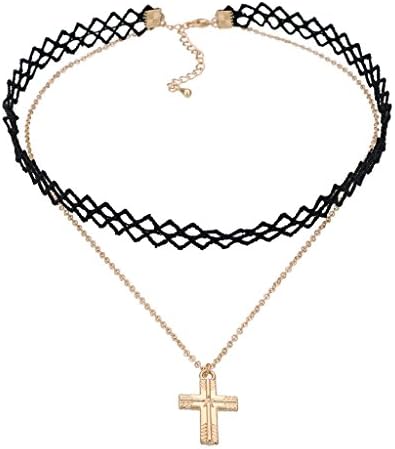 Cross Choker Collar Necklaces Gold Tone Pendant Charm Tattoo Lace Gothic Two Layer Jewelry For Women