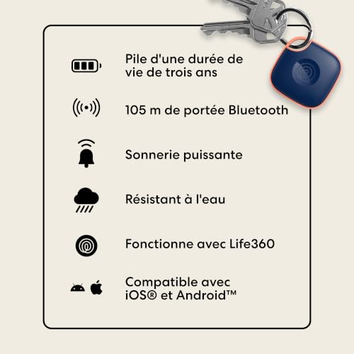 Tile - Tracker Bluetooth, détecteur de clés et localisateur d'objets pour clés, Sacs & Autres. Détecteur de téléphone. Compatible avec iOS & Android. Lot de 1 (Navy Blaze)