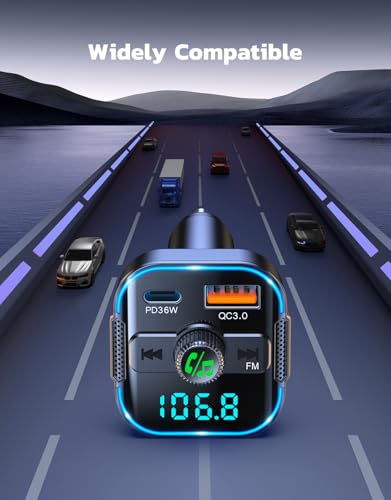 Glangeh 2026 Upgraded Bluetooth 5.3 Car Adapter【PD 36W+QC3.0 18W】, 2-in-1 Bluetooth FM Transmitter 【Dual Stronger Mics】& Fast Car Charger, Wireless Car Radio Adapter Hands-Free Kit, Siri Assistant