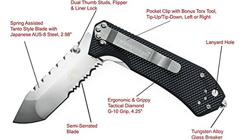 Off-Grid Knives - Legal Carry, Tactical Tanto Assisted Flipper Knife with AUS-8 Blade, G-10 Grip & Tungsten Alloy Glass Breaker