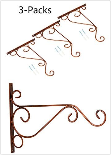 3-Pack 10'' Flower Plant Pot Hooks Hangers Forged Mount Against Door Fence Balcony Outdoor Lawn Iron Bracket For Planter Bird Feeder Lantern Windbell Wind Chimes With Screws(red copper)