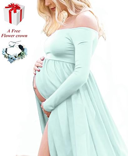 Mater Dress Maternity Photography Chiffon Gown Off Shoulder Long Sleeve Split Front Maxi Dress For Photoshoot (Small, Light Green)