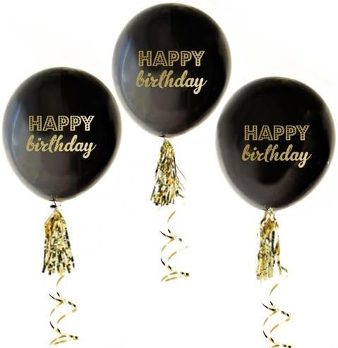 Black Happy Birthday Party Balloons with Gold tassel banner