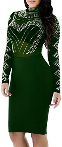 Maelove Womens Sexy High Neck Long Sleeve Bandage Bodycon See Through Clubwear Party Dress (Small, Army Green)