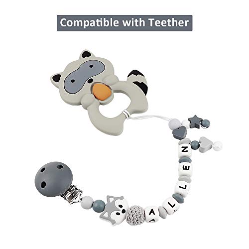 Pacifier Clip Personalized Name, MCGMITT Customized Fox Binky Holder Teething Silicone Beads for Baby Girls Boys (Grey)