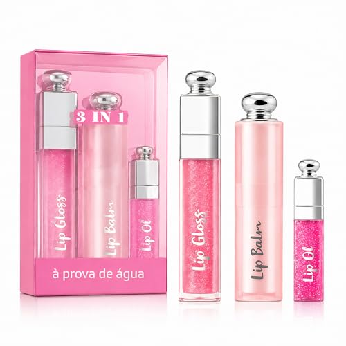 Kit Lip Gloss + Lip Balm + mini Lip Oil 3 em 1 Rosa | Brilho Labial com Glow Natural e Hidratação | Não Grudento | Aroma Frutado | À Prova D’Água