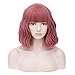 Iciwueen Short Wavy Wigs for Women, Rose Pink Bob Wig with Bangs Natural Looking Heat Resistant Premium Synthetic Wigs for Girls Lady Cosplay Party Daily Wear