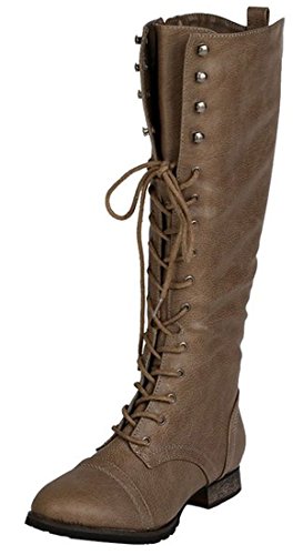 Breckelles Outlaw-13 Women's Ankle Strap Tall Riding Boots Beige 8