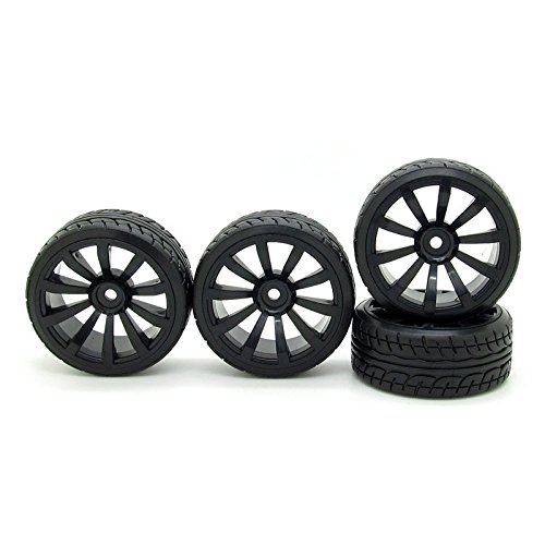 RC 1/10 Racing Drift Flat Car Twist Rubber Tires & Black 10 Spokes Wheel Rims Pack of 4