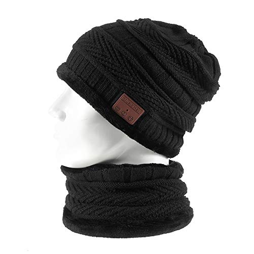 Bluetooth Beanie Winter Music Hat, Wireless Earphone Beanie Headphones with HD Stereo Speakers Built-in Microphone, Extra Free Neck Warmer for Men Women Black