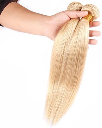 Yaweida 100% Remy Human Hair Weft Weave Extensions Straight Blonde Hair (Color 613) 100g Each Bundle(14 16 18 Inch)