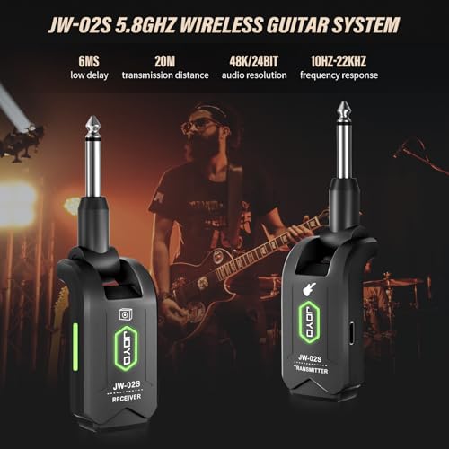 JOYO - Sistema inalámbrico para guitarra, 5.8 GHz, transmisor y receptor inalámbricos para guitarra, audio recargable con 4 canales de señal para guitarra eléctrica y bajo 20M, (JW-02S)