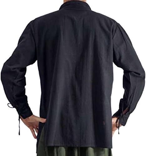 XQS Men Long Sleeve Lapel V Neck Lace up Solid T-Shirt Blouse Top Black S