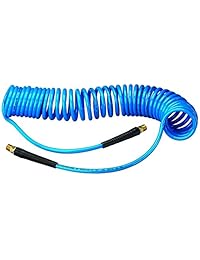 Green Power   Manguera reclinable de aire de poliuretano de 1 4" x 25' (120 PSI, con conectores giratorios macho NPT de 1 4" y resticadores de curvatura (color azul)