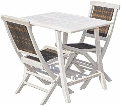 EcoDecors Coastal Vogue Satori 35in Teak Dining Table and 2 Teak with Viro Rattan Folding Chair