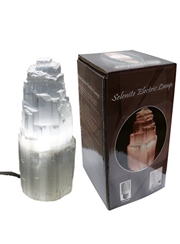 Natural Selenite Electric Lamp White with LED Bulb JIC Gem around 8" High