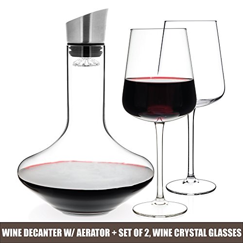 Luxbe - Wine Decanter 50-ounce and Aerator Pourer Lid - With Two Crystal Glasses Set - Hand Blown Lead-free Crystal Glass, Red Wine Carafe - Descanter with Stainless Steel Lid-Aerator, Filter, Pourer