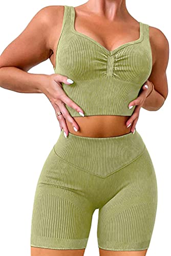 OLCHEE Womens Workout Sets 2 Piece - Seamless Ribbed Acid Wash Yoga Outfits Shorts and Sports Bra Matching Gym Athletic Clothing Set - Green Medium