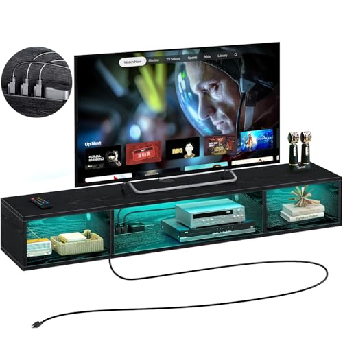 WELIKERA Mueble para TV 70 Pulgadas con Luces RGB, Repisas Flotantes de Pared para TV con Toma de Corriente, Almacenamiento Debajo para Salón, Dormitorio, Negro