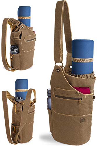 WRASCO Yoga Mat Bag Canvas Casual Yoga Backpack Convertible Yoga Mat Tote Sling Carrier – Fits Most Mat Sizes – Yoga Bags and Carriers for Women & Men – Gift 2 Elastic Straps (Brown)