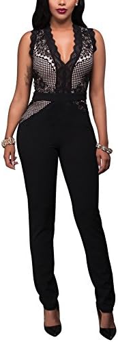 Engood Women's Sexy Deep V Neck Sleeveless Lace Mesh Club Bodycon One Piece Jumpsuit Romper Tight Overalls Leotard