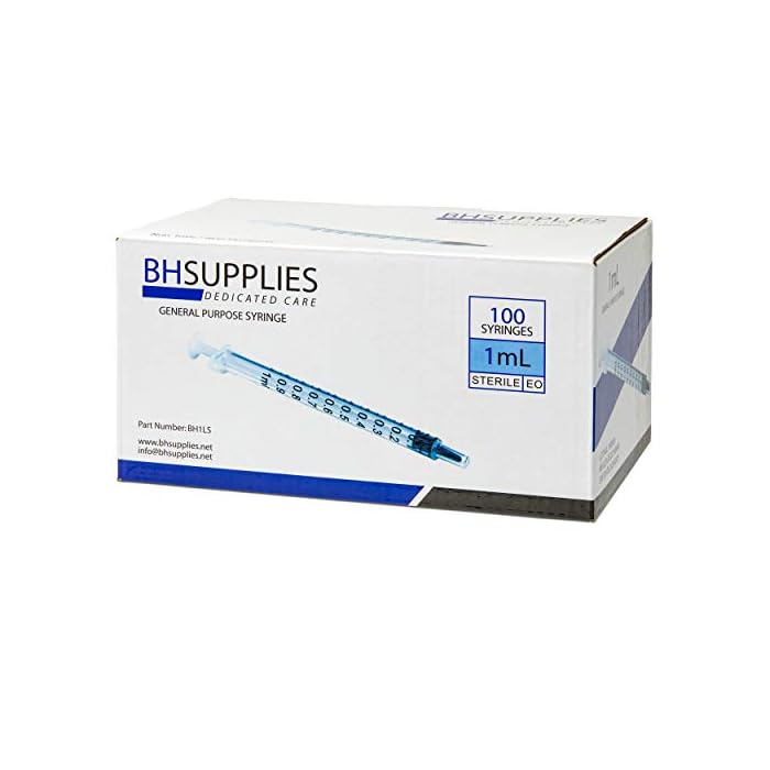 1ml Syringe Sterile with Luer Slip Tip - 100 Syringes by BH Supplies (No Needle) Individually Sealed